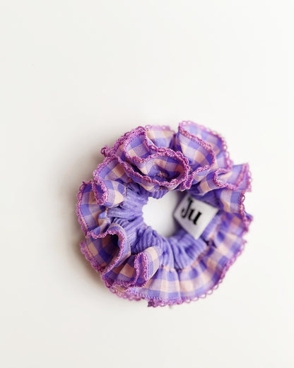Lavender Frost Gingham Scrunchie – Festive Pastel Hair Tie